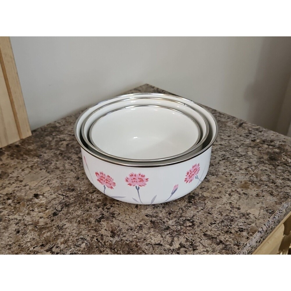 Set Of 3 Studio Nova UN431 Pink Carnations Metal Enamel Nesting Bowls Beautiful!